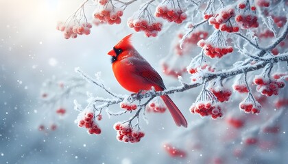 Red cardinal bird on a frosty tree branch with snow red berries in winter, Holiday and Christmas web banner with copy space