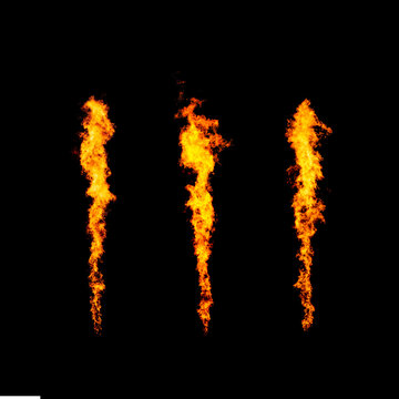 Set of three narrow fire jets, flame collection isolated on black