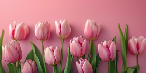 Obraz premium pink tulips spring flowers card mockup minimalism background