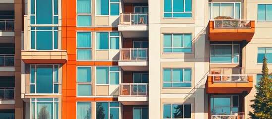 Contemporary apartment complexes featuring windows balconies and outdoor amenities showcasing a blend of modern architecture and urban lifestyle Mixed media