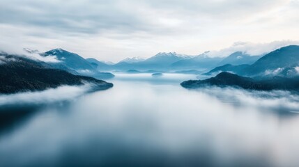 A tranquil landscape image of a serene lake enveloped by misty mountains. The soft morning light creates a peaceful and calm atmosphere, capturing nature at its finest.