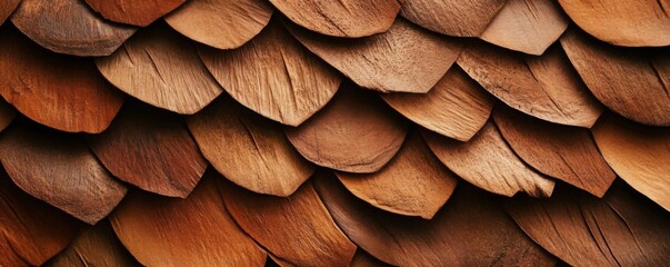 Beautiful wooden shingles arranged in an intricate pattern, showcasing their rich textures and warm earthy tones.