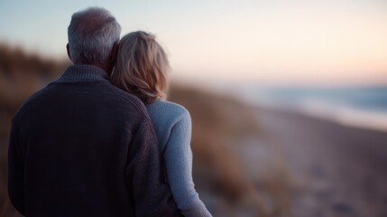 An elderly couple embracing each other tenderly while sitting on the beach, watching the serene sunset, symbolizing love, companionship, and lasting relationships.