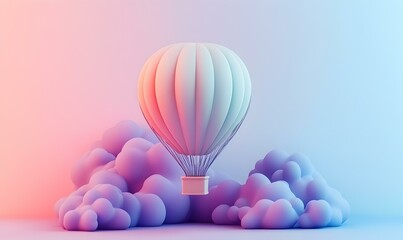 Colorful hot air balloon floating amidst whimsical pastel clouds, serene sky backdrop, evoking dreams of adventure and exploration in a vibrant, imaginative landscape.