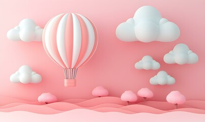 Dreamy pastel landscape, whimsical hot air balloon floating above soft pink hills, fluffy white clouds scatter across a serene sky, rosy pink trees dot the horizon