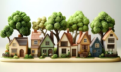 Charming miniature village with colorful houses surrounded by lush trees, showcasing whimsical architecture and vibrant gardens in a delightful arrangement.