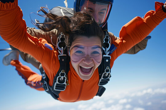Excited tandem skydivers capturing joyful selfie mid air, showcasing thrill and exhilaration of skydiving adventure, symbolizing fearless exploration and unforgettable memories