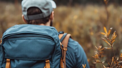 A hiker with a blue backpack navigating through the wilderness during autumn, reflecting the beauty, tranquility, and exploration spirit of outdoor activities.