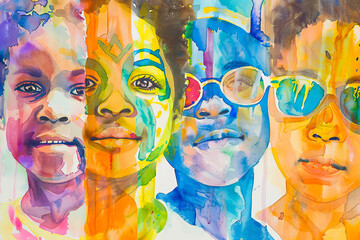 Vibrant watercolor illustration of children's faces painted with colorful patterns, symbolizing the celebration of Juneteenth and the beauty of cultural diversity