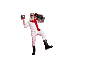 Full length body size view of nice handsome cheery positive gray-haired man in pullover sweater pants boot having fun vintage nightclub festive chill out isolated on bright vivid shine red background