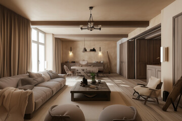 Fototapeta premium Interior design of a living room, in wabi sabi style, wood and beige color