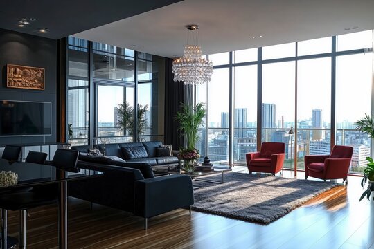stylish minimalistic restrained modern interior of the apartment, a spacious room with large panoramic windows overlooking a modern city. without people in the daytime