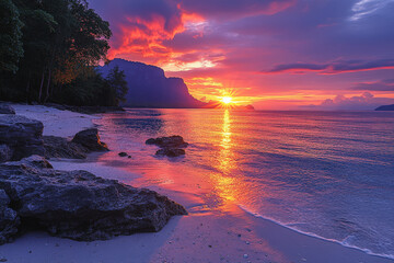 Purple Sunset beach palm Landscape. The tranquil allure of a pristine Thai beach