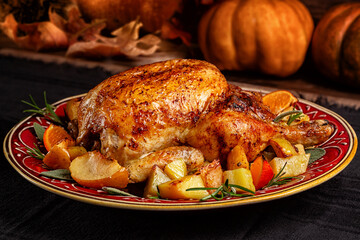 Thanksgiving  golden brown whole chicken oven roasted, stuffed with apples and oranges,  over baked...