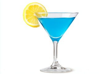 Blue Lagoon Cocktail, Refreshing Blue Alcoholic Drink With Lemon Garnish on White Background