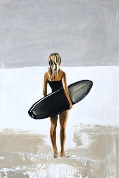 Female Surfer's Back View Looking at Sea