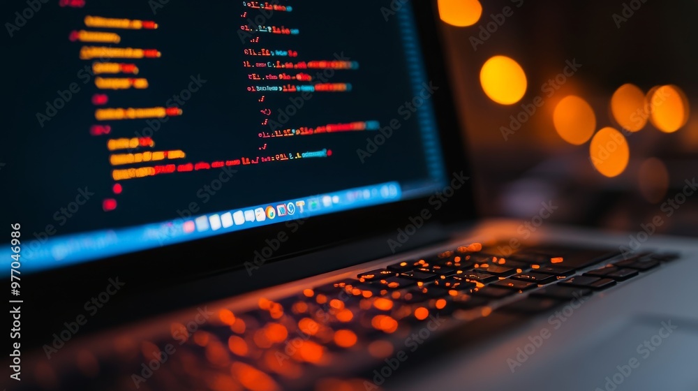 Poster lines of code on laptop screen displaying software in dark mode, programming concept. 97 characters