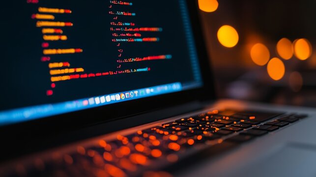 Lines of Code on Laptop Screen Displaying Software in Dark Mode, Programming Concept. 97 characters