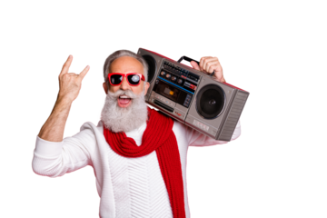 Rock chritmastime! Portrait of crazy santa in eyeglasses eyewear screaming showing swag sign holding boom box wearing white sweater isolated over red background