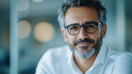 A man with glasses smiles gently at the camera. The softly blurred background hints at a subtle ambiance, emphasizing the subject's genial expression.