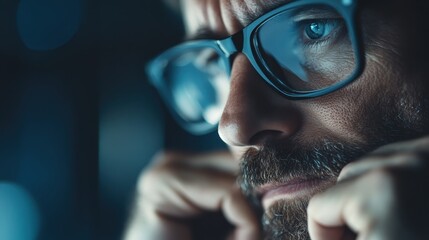 Close-up of an individual with stylish glasses, focusing on the eyewear detail, with a soft blurry background, evoking a sense of style and modernity.