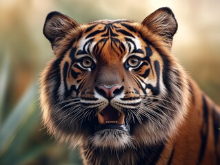 Fototapeta premium Portrait of a Sumatran Tiger, Panthera tigris sumatrae, in Its Forest Habitat