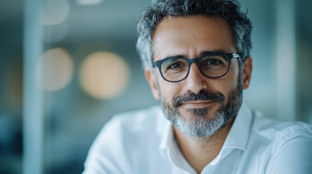 A man with glasses smiles gently at the camera. The softly blurred background hints at a subtle ambiance, emphasizing the subject's genial expression.