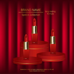 Premium cosmetic presentation, realistic red lipsticks on podium with red curtains background,cosmetics brand promotion design.