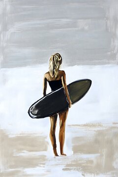 Female Surfer's Back View Looking at Sea