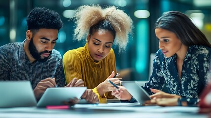 Three Diverse Colleagues Collaborating on a Project with Tablets