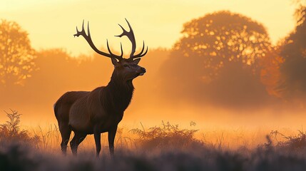 Fototapeta premium Majestic Red Deer Stag Silhouette at Golden Hour Sunrise