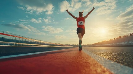 A runner crossing the finish line of a race with arms raised in victory, capturing the thrill of accomplishment and motivation.