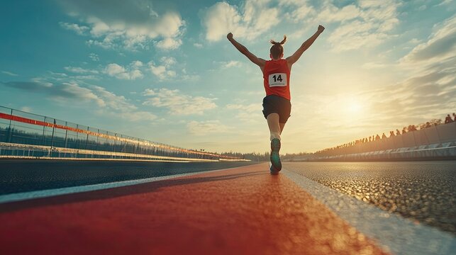 A runner crossing the finish line of a race with arms raised in victory, capturing the thrill of accomplishment and motivation.