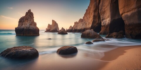 A pristine beach with dramatic rock formations jutting out of the water.