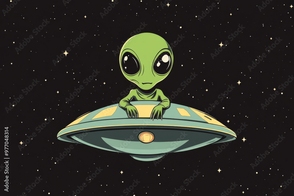 Wall mural illustration of green alien inside spaceship in shape of flying saucer navigating through outer spac