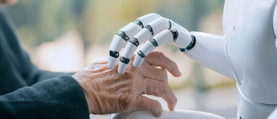 A humanoid robot interacting with elderly individuals in a care facility, representing the role of AI and robotics in caregiving and social assistance