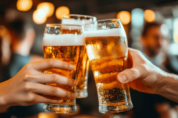 Hands holding beer glasses clinking together in bar. Group of friends having fun and drinking beer