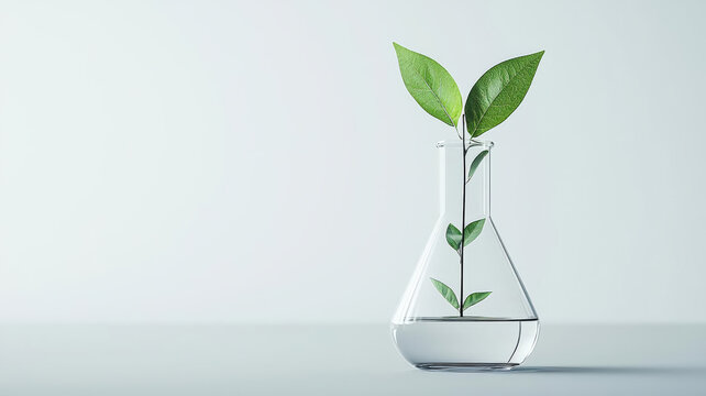 Conical flask with a plant growing inside, symbolizing eco-friendly drug research, Green medicine, Pharmaceutical sustainability