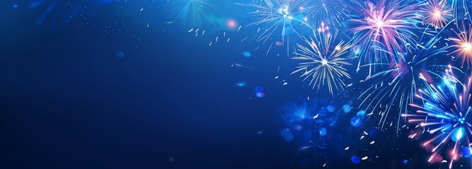 Colorful fireworks on the blue background with a place for text
