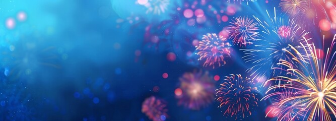 Fototapeta premium Colorful fireworks on the blue background with a place for text