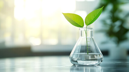 Plant growing inside a glass flask representing sustainable practices in drug synthesis, Environmental pharma, Green chemistry