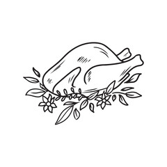 Vector line art drawing of cooked turkey or chicken, garnished with herbs and flowers. Hand drawn vector sketch illustration in doodle engraved vintage line art style. Thanksgiving day celebration.