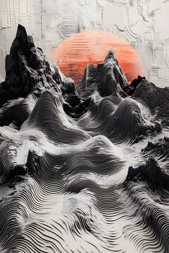 Shattered Topographic Radio Wave Landscape with Geo Strata Architecture and Geometric Sun Glitch, Japanese Fusion