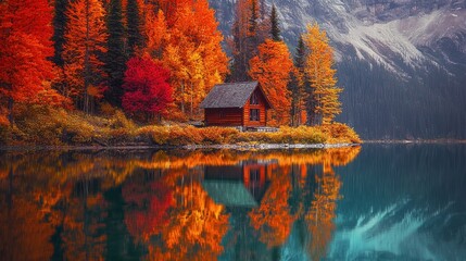 Serene mountain lake surrounded by vibrant autumn foliage with a rustic cabin on the shore