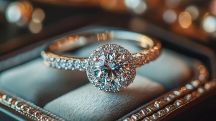 Fototapeta premium A stunning diamond engagement ring with a round-cut stone and intricate detailing on the band, displayed on a luxurious jewelry box.