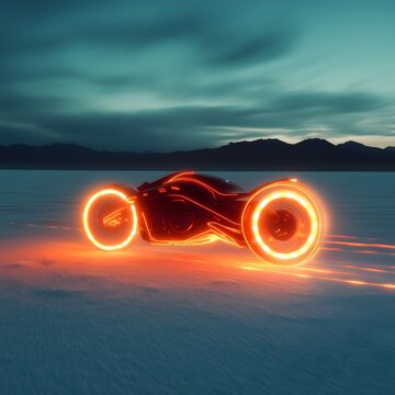 Tron Light Cycle Speeding Across Open Digital Salt Plains
