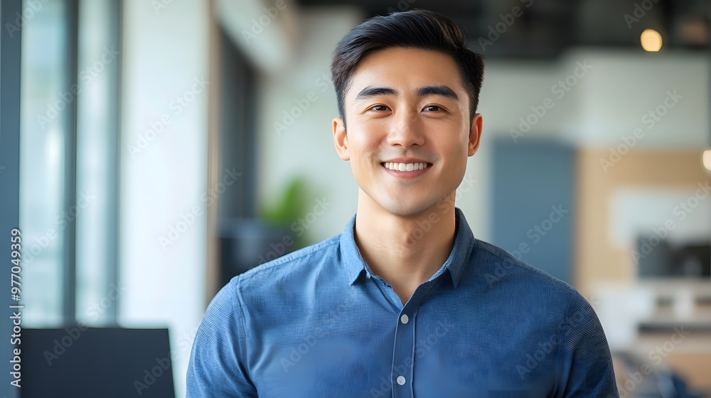 Poster Smiling Asian Man in a Blue Shirt in an Office Setting