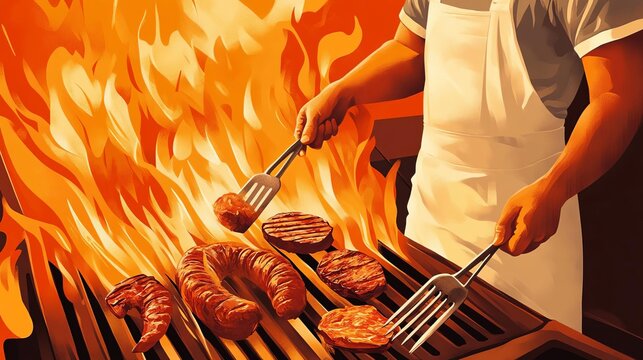 A chef grilling various meats over a vibrant fire, showcasing culinary skills and the art of barbecuing.