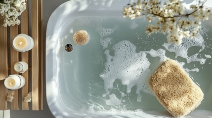 Obraz premium A top-down view of luxury bath accessories like a soft loofah, scented candles, and essential oils next to a bathtub, creating a spa-like atmosphere.