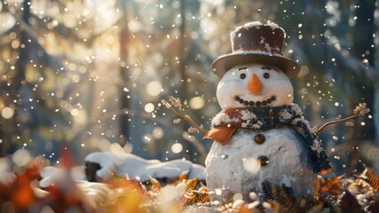 Obraz premium Christmas card with a happy snowman and falling snow 